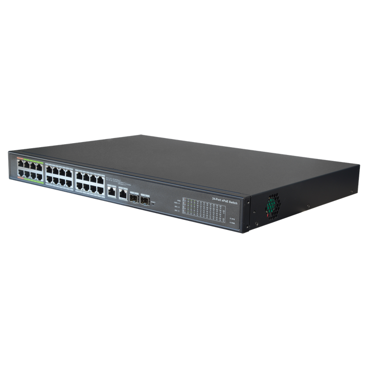 Switch ePoE X-Security - 24 porte PoE + 2 Gigabit Combo Port - Fino a 800 metri di trasmissione - 60 W per porta (1&2) / Massimo 360W - VLAN/STP/RSTP/QoS/802.1X - LACP/Static LAG/Port Mirroring