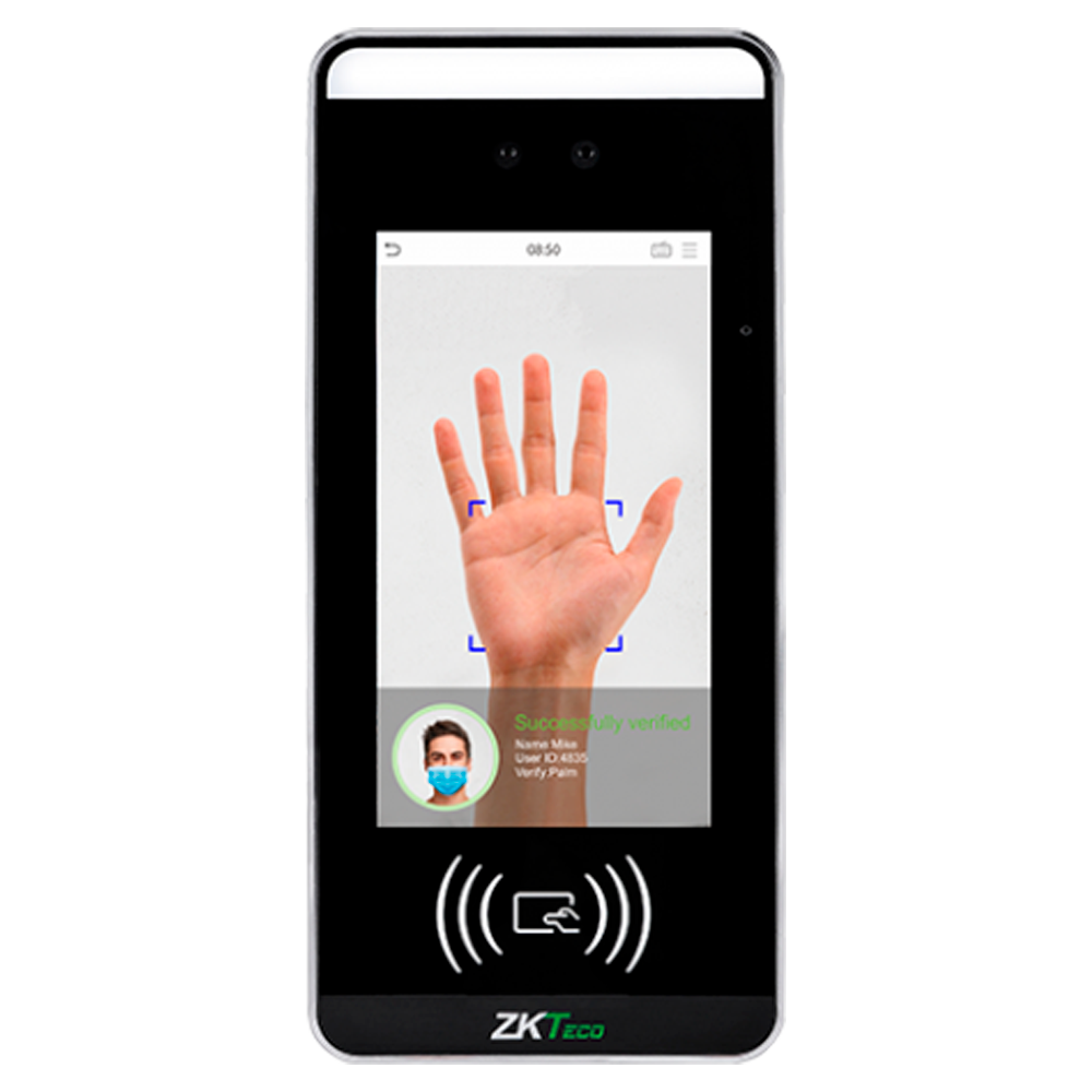 Control de acceso y asistencia - Reconocimiento facial, de palma, de tarjeta EM/MF y PIN - 6.000 rostros | 200.000 registros - Pantalla táctil TFT de 5" - TCP/IP y WiFi - Compatible con software ZKTeco