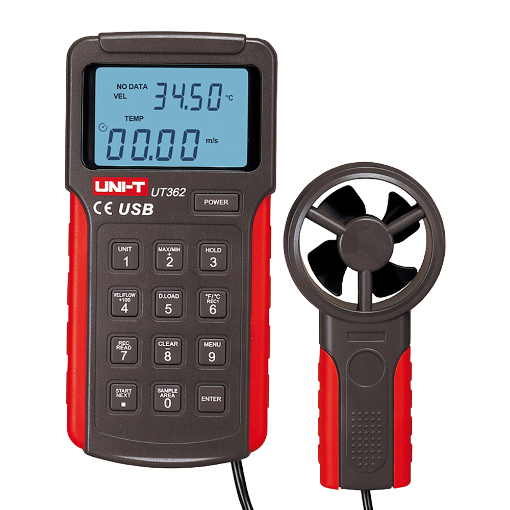 Anemometro di tipo split - Sensore di velocità del vento ad alta precisione - Sensore di temperatura - Spegnimento automatico | Memoria - Connessione al PC tramite USB - Display LCD retroilluminato