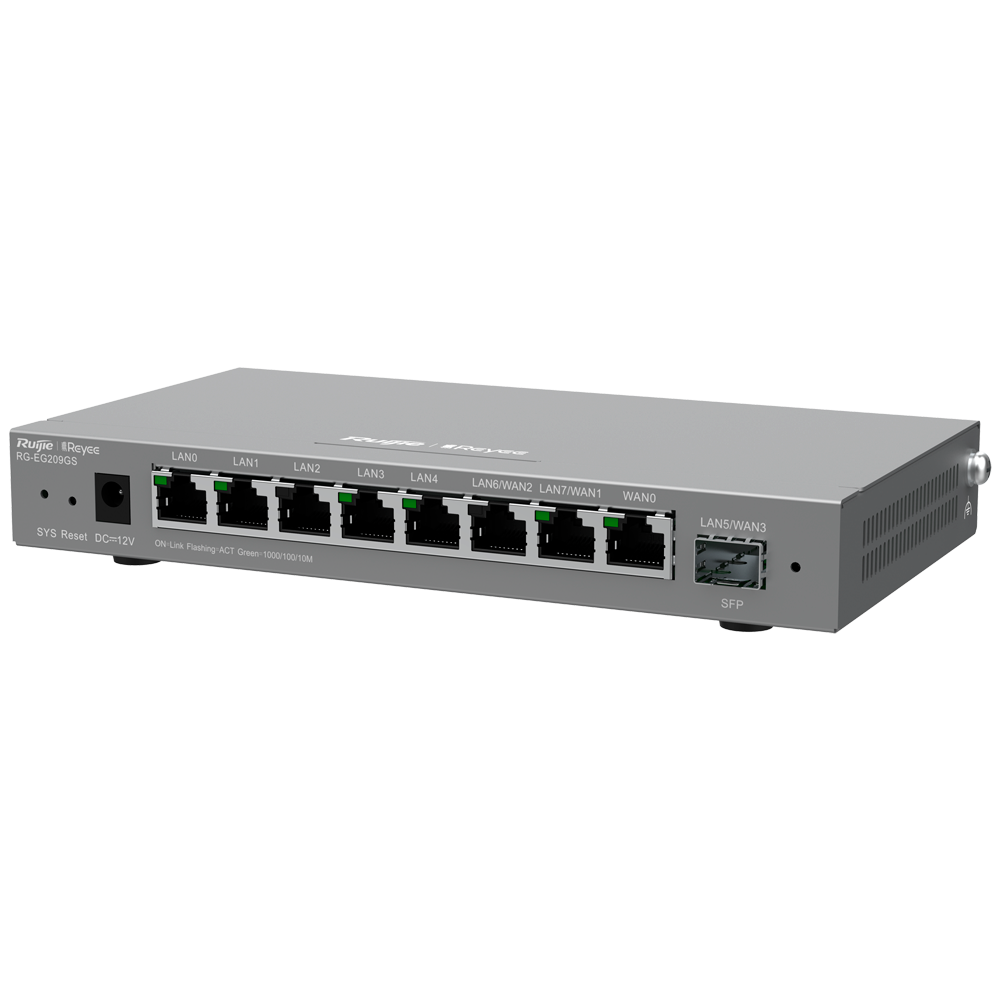 Controlador de enrutador Reyee administrado - 8 puertos RJ45 10/100 /1000 Mbps - 1 puerto SFP LAN/WAN - Admite hasta 4 WAN para conmutación por error o equilibrio - Ancho de banda de hasta 600 Mbps - IPSec, L2TP, servidor VPN PPTP, OpenVPN