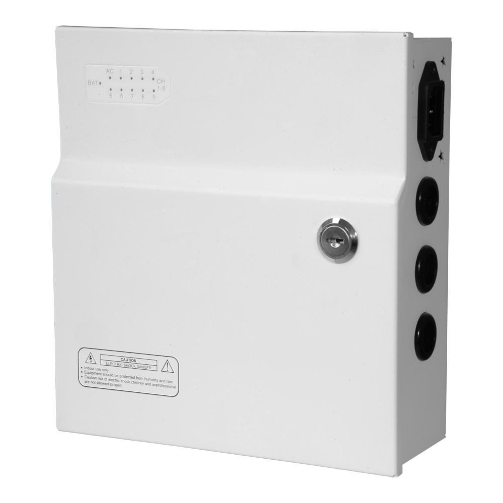 Power distribution box - 1 AC 110V ~ 220V input - 9 copper twisted pair outputs - PTC resettable fuse protection - Output voltage 12V / 120W - UPS function (SAI)