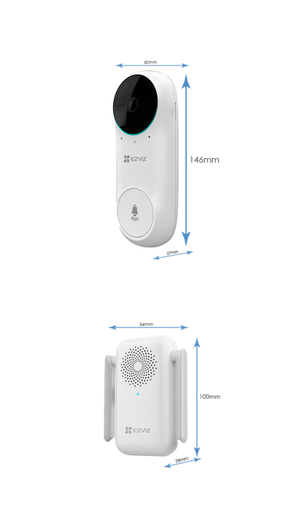 Ezviz WiFi IP video doorbell - 2Mpx camera / 160º vision - Audio / Internal buzzer included - PIR detection of people - Monitoring via app - Ezviz app and P2P connection