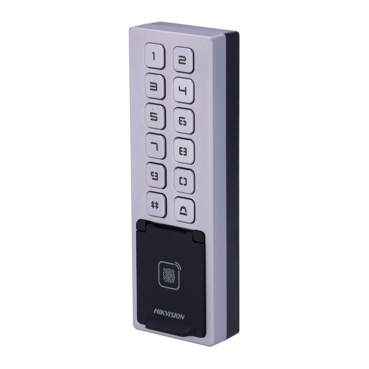 Controllo accessi - Impronte digitali, scheda EM e PIN - 3.000 utenti | 100.000 registri - TCP/IP, WiFi, RS485 e Wiegand | IP65 e IK08 - Controller integrato (sensore, pulsante e relè) - iVMS-4200 | Hik-Connect