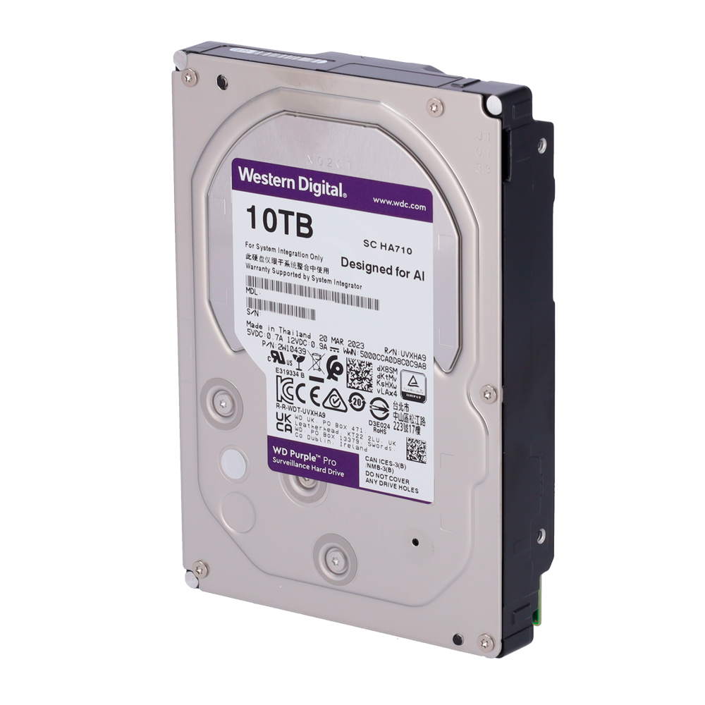 Western Digital hard drive - Designed for smart videos 24/7 - 10 TB capacity - SATA 6 Gb/s interface - Model WD101PURA - Supports 64 high definition cameras