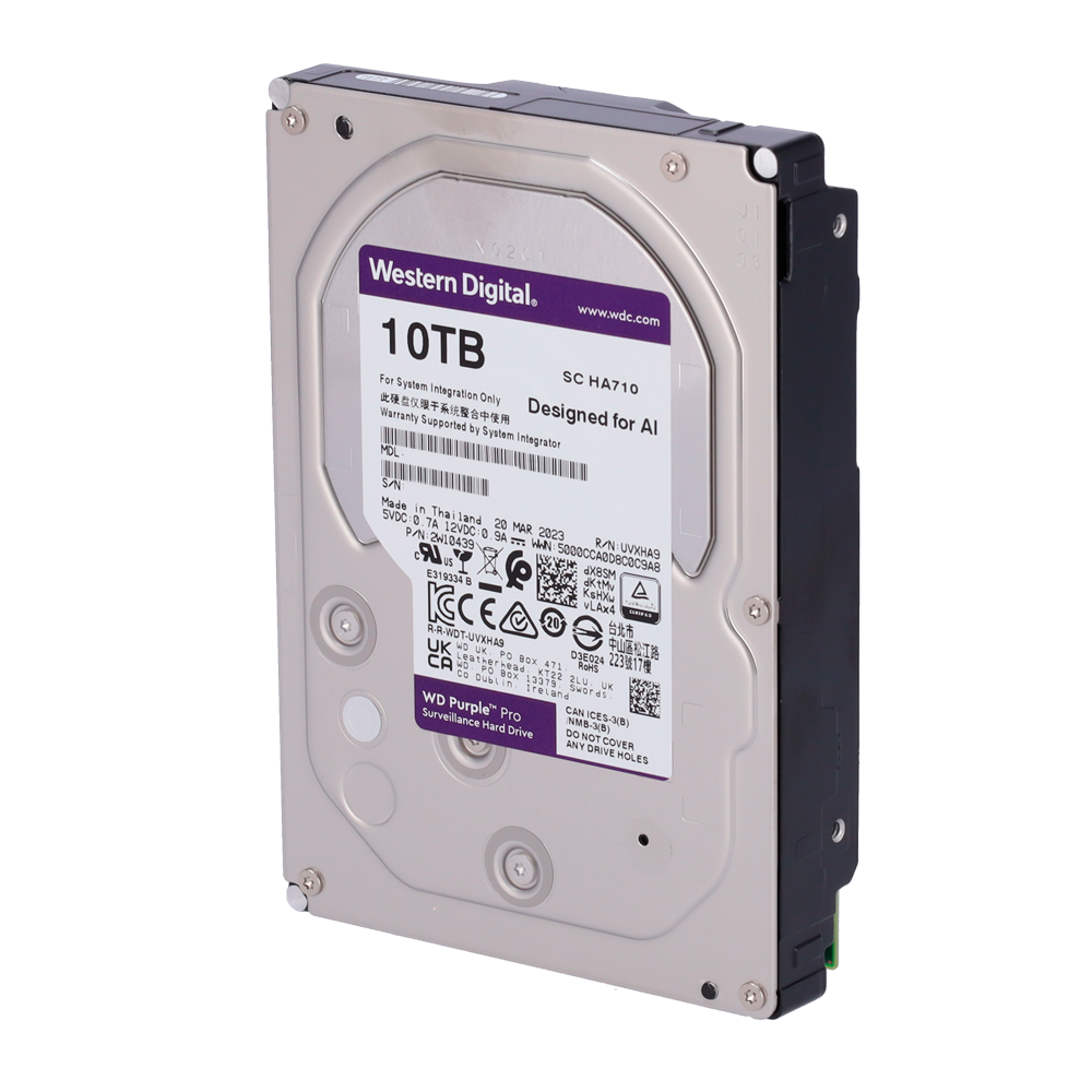 Disco duro Western Digital - Diseñado para videos inteligentes 24/7 - Capacidad de 10 TB - Interfaz SATA 6 Gb/s - Modelo WD101PURA - Soporta 64 cámaras de alta definición