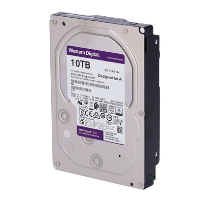 Western Digital hard drive - Designed for smart videos 24/7 - 10 TB capacity - SATA 6 Gb/s interface - Model WD101PURA - Supports 64 high definition cameras