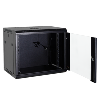 Wall-mounted rack cabinet - Up to 4U 19" rack - Up to 60 Kg load - With ventilation and cable management - Fan included - Power strip with 6 sockets included