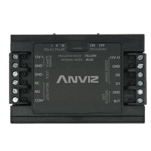 Controlador independiente ANVIZ - para instalaciones automáticas - Entrada Wiegand y pulsador ANVIZ - Salida relé NO/NC - Control directo de la cerradura - Alimentación 12 V DC