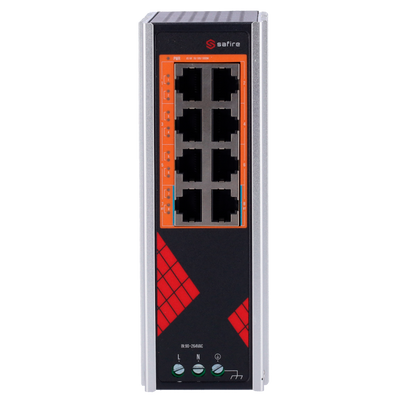Safire Switch Industrial Alimentación AC 90~264V - 8 puertos Gigabit 10/100/1000Mbps - 6 Puertos PoE+ 30W + 2 Puertos Hi-PoE 60W - PoE Watchdog - Hasta 130W Potencia PoE total - Instalación carril DIN