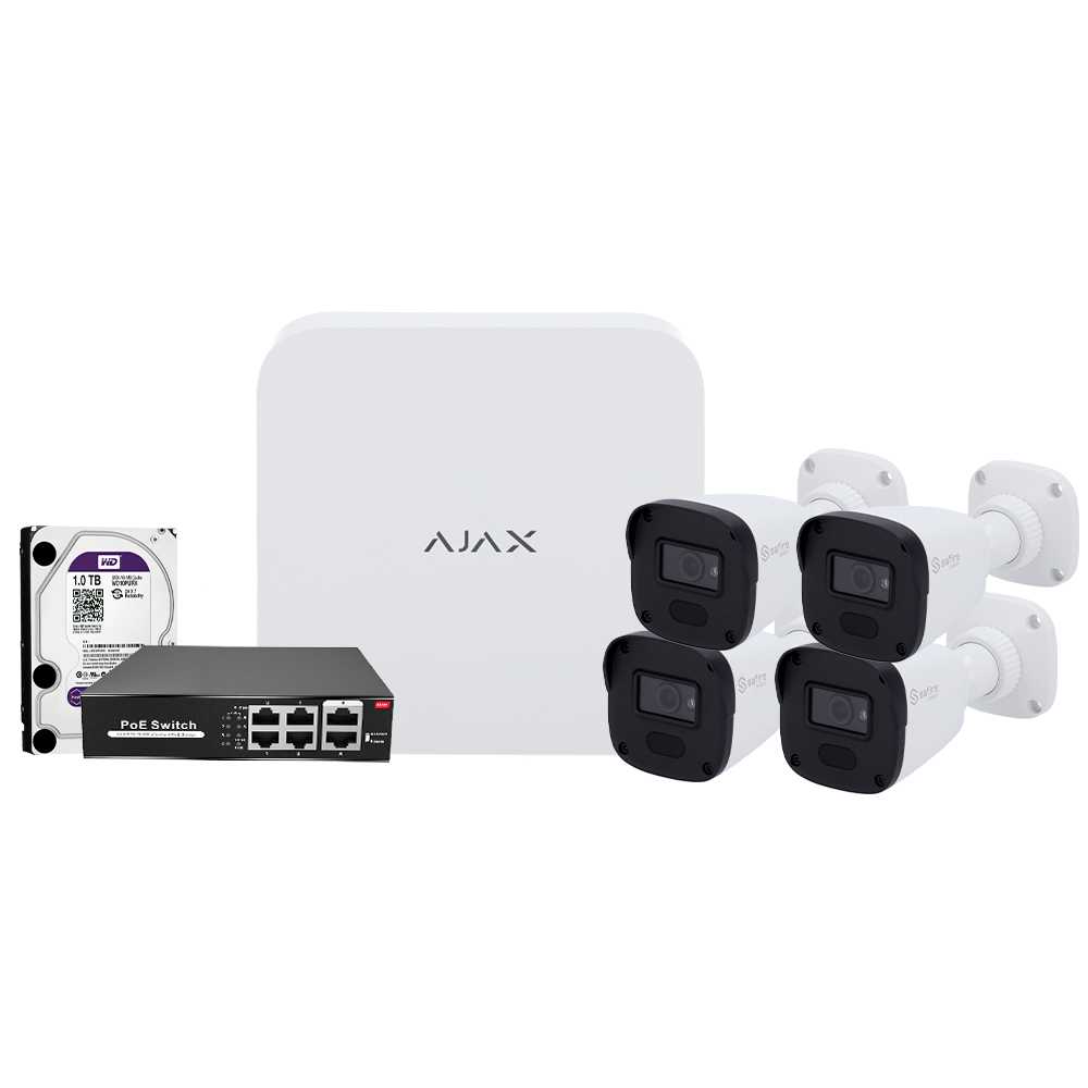 Kit di videosorveglianza Ajax - Videoregistratore Ajax da 8 canali   - 4 telecamere bullet da 2 Mpx Safire Smart  - Switch PoE da 4 canali - Hard disk da 1 TB - Integrazione tramite ONVIF