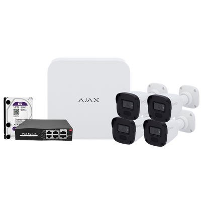 Kit di videosorveglianza Ajax - Videoregistratore Ajax da 8 canali   - 4 telecamere bullet da 2 Mpx Safire Smart  - Switch PoE da 4 canali - Hard disk da 1 TB - Integrazione tramite ONVIF