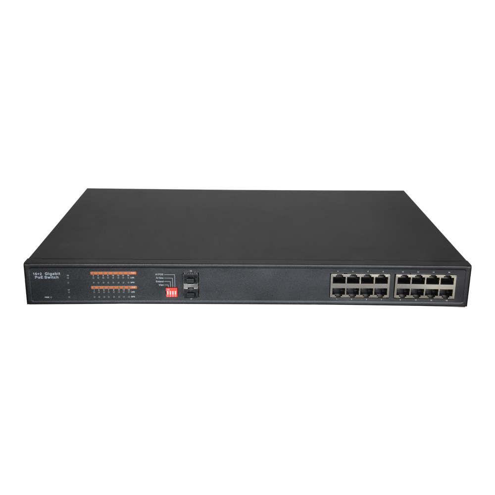 Gigabit PoE Switch - 16 PoE ports + 2 SFP ports - Speed ​​10/100/1000 Mbps - Power 30W per port - Total maximum power 250W - Standard IEEE802.3af (PoE) / a (PoE+)