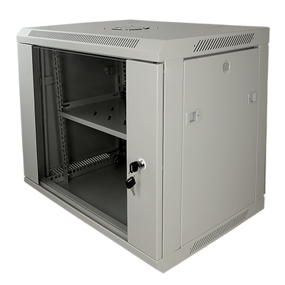 Wall-mounted rack cabinet - Up to 9U 19" rack - Up to 100 Kg load - With ventilation and cable management - Fan, tray and 6-socket power strip included - Supplied unassembled