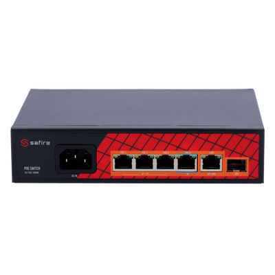 Switch Safire Hi-PoE - 4 Puertos PoE + 1 Uplink RJ45 + 1 Uplink SFP - Velocidad puerto Gigabit 10/100/1000Mbps - 3 Puertos PoE+ 30W + 1 Puerto Hi-PoE 60W - Watchdog PoE - Hasta 65W Potencia PoE total
