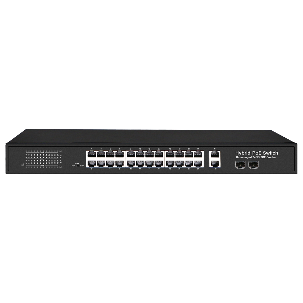 Switch PoE - 24 porte PoE + 2 Porta Gigabit + 2 SFP Combo - Velocità 10/100 Mbps - Fino a 300 W in totale - Portata fino a 250m (Porte 3-24) - Standard IEEE802.3at PoE / af PoE+ / bt Hi-PoE