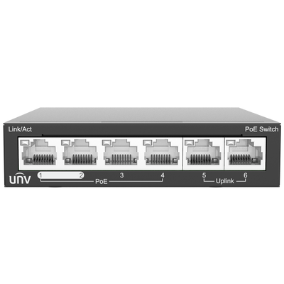 Uniview Switch PoE Sobremesa - 6 Puertos RJ45 10/100Mbps  - 4 Puertos PoE+ 802.3af/at | Potencia total 60W - Modo seguro / Modo VLAN / Modo Extendido  - Alimentable con PoE In - Admite PoE Extendido hasta 250m