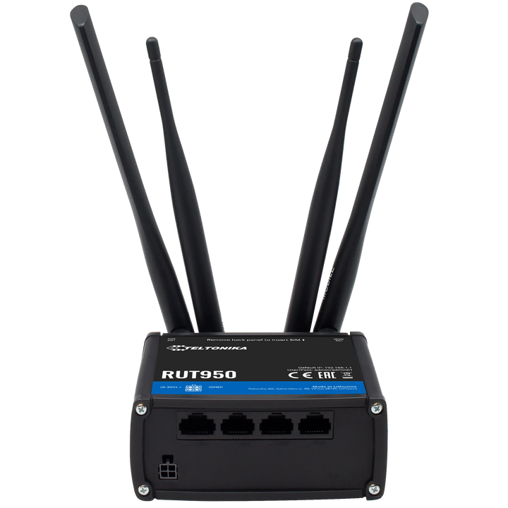 Teltonika Router 4G Industriale - 4 porte Ethernet RJ45 Fast Ethernet - Dual SIM 4G (LTE) Cat 4 fino a 150Mbps - 2x Ingressi + 2xSalidas Digitali - Wi-Fi 802.11b/g/n 2.4GHz - Alloggiamento in Alluminio