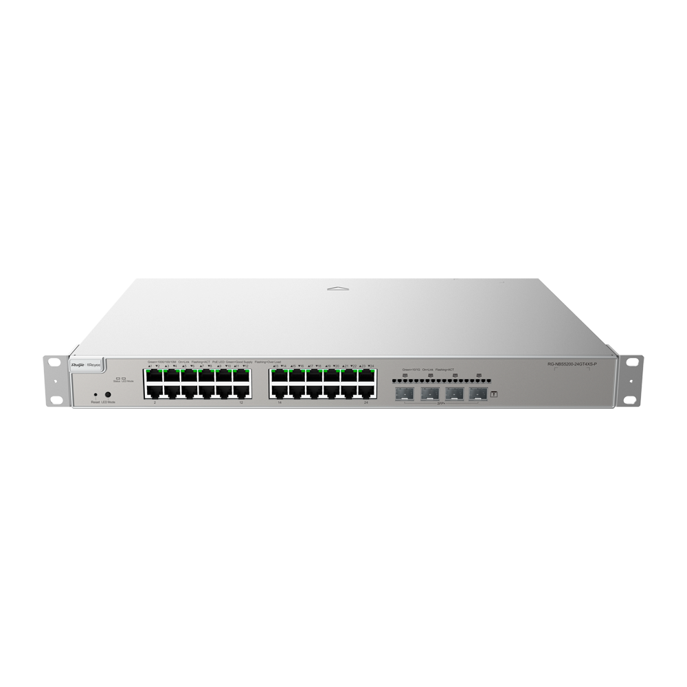 Reyee Switch PoE Cloud Capa 2+ - 24 puertos PoE RJ45 Gigabit + 4 SFP+ 10Gb - 30W por puerto 802.3af/at / Máximo 370W - Static LAG/DHCP Snoop/IGMP Snoop/Port Mirror - VLAN/Port Isolation/STP/RSTP/ACL/QoS - Servidor DHCP/Rutas estáticas