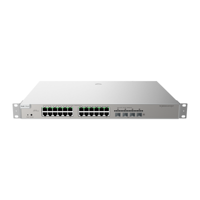 Reyee Switch PoE Cloud Capa 2+ - 24 puertos PoE RJ45 Gigabit + 4 SFP+ 10Gb - 30W por puerto 802.3af/at / Máximo 370W - Static LAG/DHCP Snoop/IGMP Snoop/Port Mirror - VLAN/Port Isolation/STP/RSTP/ACL/QoS - Servidor DHCP/Rutas estáticas