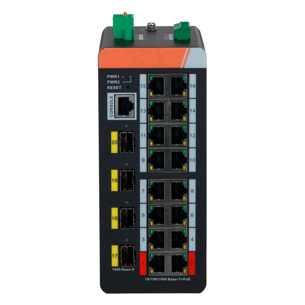 Switch PoE X-Security Carril DIN - 16 puertos PoE RJ45 + 4 puertos SFP - Velocidad 10/100/1000 Mbps - 90W puertos 1-2 / 30W puertos 3-8 / Máximo 120W - PoE/PoE+/Hi-PoE / Hasta 250m / PoE Watchdog - VLAN/STP/RSTP/ERPS/LACP/StaticLAG/IGMP Snooping