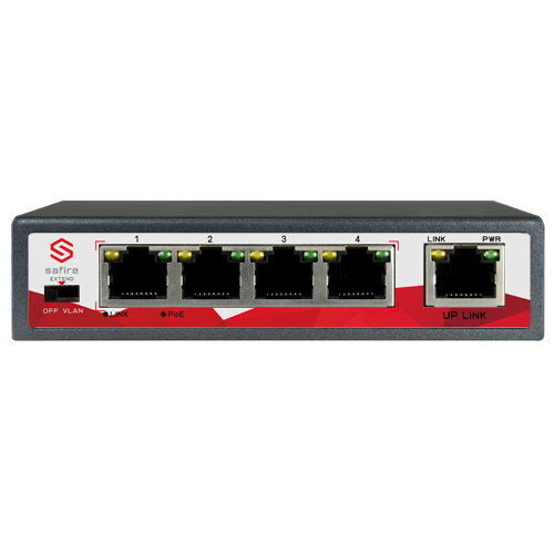 Switch PoE Safire - 4 porte PoE + 1 Uplink RJ45 - Velocità 10/100 Mbps - Potenza 30 W per porta - Potenza massima totale 65 W - Norma IEEE802.3at (PoE) / af (PoE+)