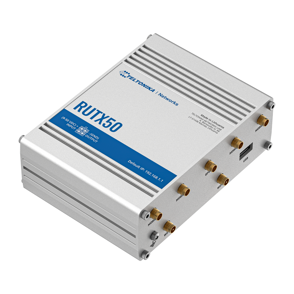 Teltonika Router 5G Industrial - 5G Sub-6Ghz SA/NSA 2.1/3.3Gbps DL 900/600 Mbps U - Doble Módem Dual SIM  - Wi-Fi 5 - Posicionamiento GNSS - 5 puertos Ethernet RJ45 Gigabit
