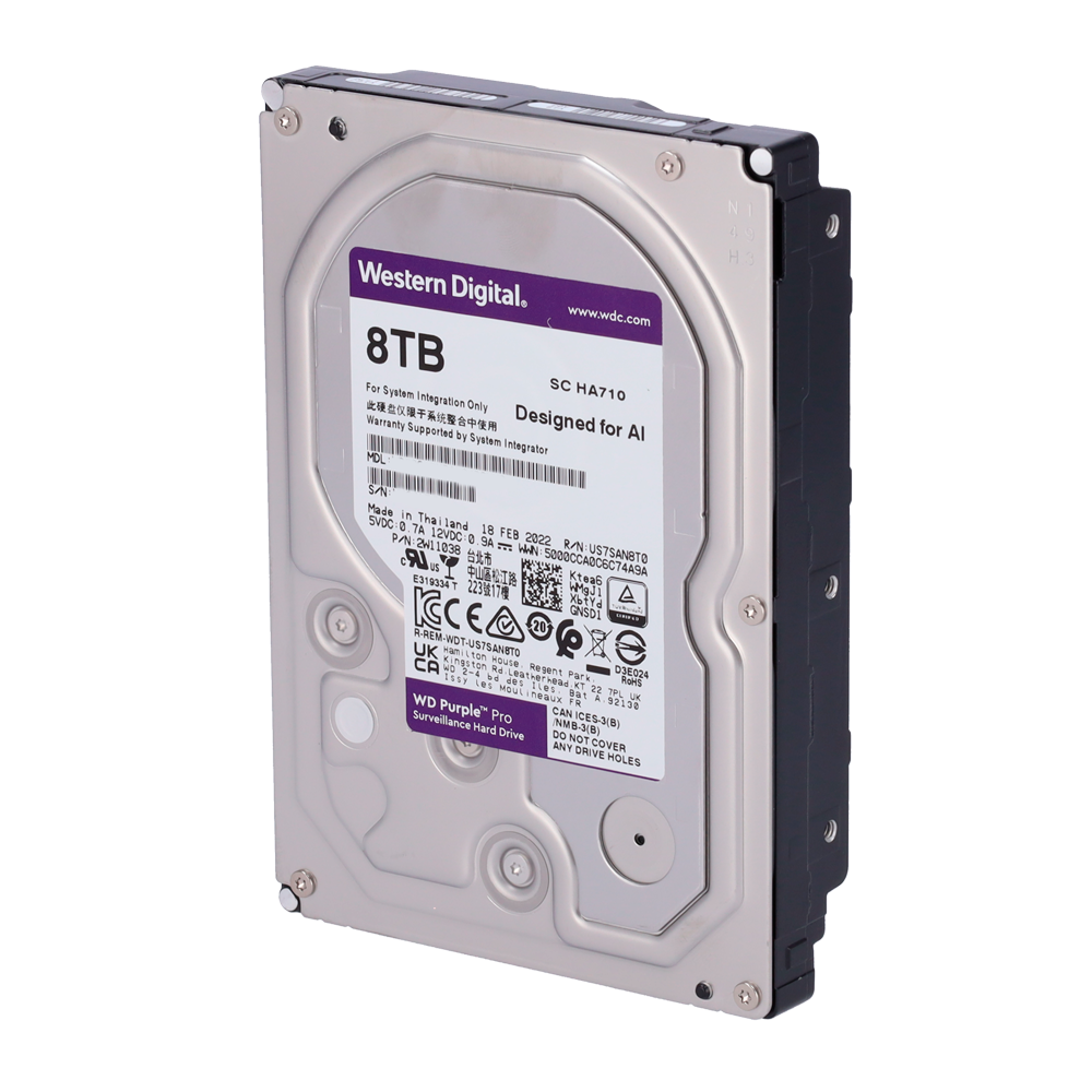 Western Digital hard drive - Designed for smart videos 24/7 - 10 TB capacity - SATA 6 Gb/s interface - Model WD8001PURA - Supports 64 high definition cameras