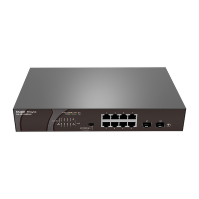 Reyee Switch PoE Sobremesa - 8 Puertos RJ45 + 2 Uplink SFP - 8 Puertos Gigabit + 2 Puertos Gigabit - 8 Puertos PoE+ 802.3af/at | Potencia total 120W - Aislado de Puertos / Flow Control - Plug and Play