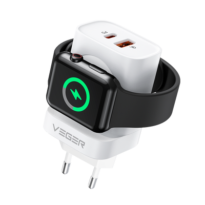 VEGER - Charger - Total power 25 W - 1 USB-A port, 1 USB-C port and wireless iWatch - Protection against overcharging and short circuits - White color