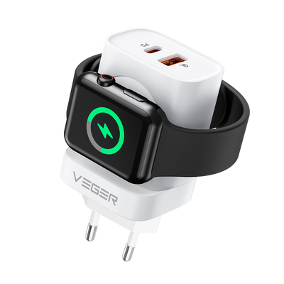 VEGER - Cargador - Potencia total 25 W - 1 puerto USB-A, 1 puerto USB-C y iWatch inalámbrico - Protección contra sobrecargas y cortocircuitos - Color blanco