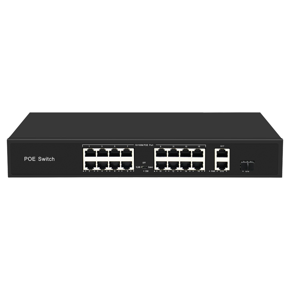 Switch PoE - Porte PoE + 16 Gigabit + 2 SFP1 - Velocità 10/100 Mbps - 30 W per porta / Massimo 300W - PoE esteso (250m) e modalità VLAN - Norma IEEE802.3at (PoE) / af (PoE+)