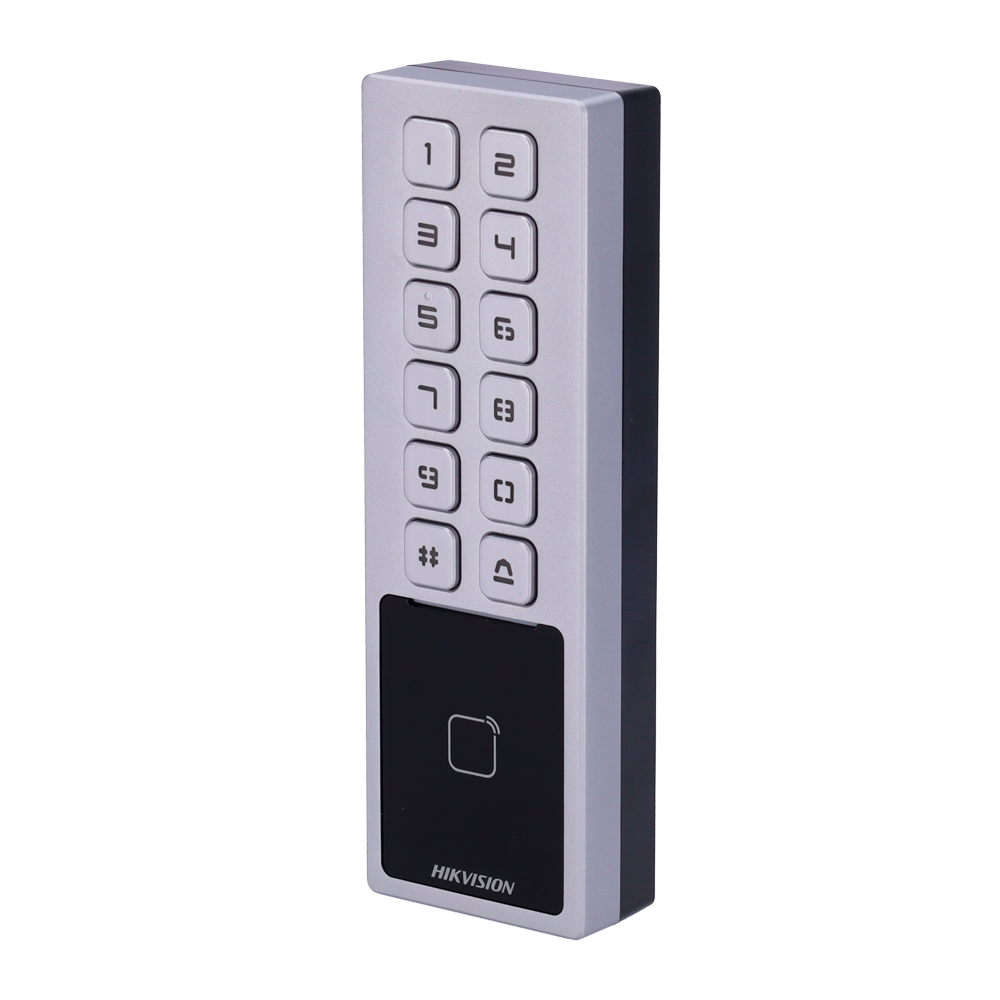 Control de acceso - Tarjeta MF y PIN - 10.000 usuarios | 100.000 registros - TCP/IP, RS485 y Wiegand | IP65 e IK08 - Control integrado (sensor, pulsador y relé) - iVMS-4200 | Hik-Conectar