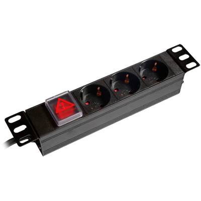 Power strip - Designed for standard 10" racks - 1U rack format - 3 outputs up to 250VAC / 16A max. - On/off switch - Overload reset button