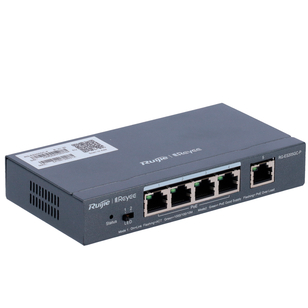 Reyee Switch PoE Cloud Gestibile Cloud Layer 2 - 4 porte PoE 802.3af/at + 1 Uplink RJ45 - 4 RJ45 10/100/1000Mbps + 1 RJ45 10/100/1000Mbps - 30W per porta 802.3af/at / Massimo 54W - VLAN/Port Isolation/Loop Detection - Limite di Velocità della Porta