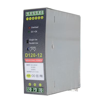 Switched power source - DC 12V 10A / 120W output - 2 outputs - Input voltage 90V ~ 264V - 135 (Fo) x 121 (Al) x 40 (An) mm - DIN rail mounting