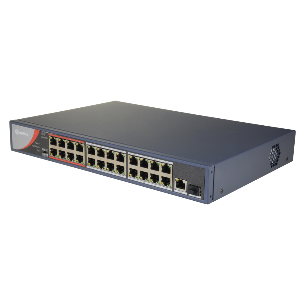 Switch PoE - 24 Porte PoE + Gigabit Combo Port - Velocità 10/100 Mbps - Fino 230W in totale per tutte le porte - Fino a 4k della tabella degli indirizzi MAC - Standard IEEE802.3af (PoE) / a (PoE+)