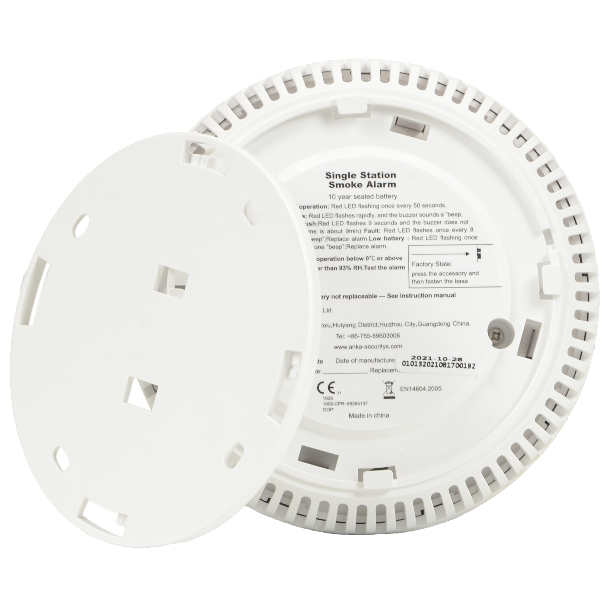 ANKA stand-alone smoke detector - Battery life 10 years - Alarm light - Audible alarm 85 dB at 3m - Test button - EN 14604:2005 certified