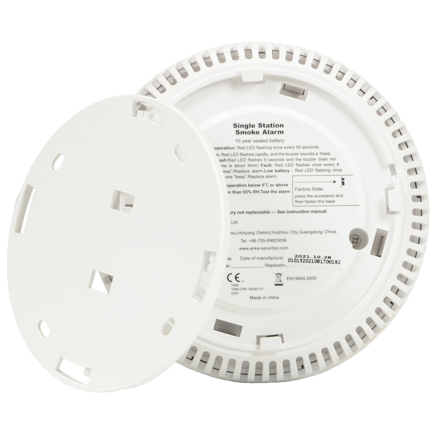 ANKA stand-alone smoke detector - Battery life 10 years - Alarm light - Audible alarm 85 dB at 3m - Test button - EN 14604:2005 certified