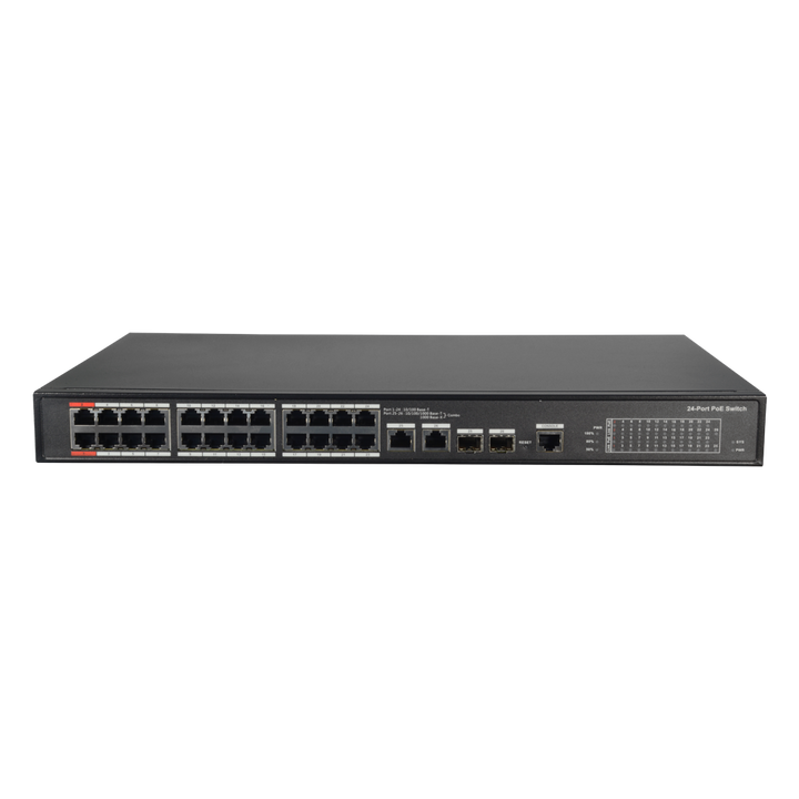 Switch PoE X-Security adatto per rack - 24 porte PoE + 2 Gigabit Combo Port - Velocità 10/100 Mbps - 90W porte 1 y 2 / 30W porte 3-24 / Massimo 240W - VLAN/STP/RSTP/QoS/802.1X - LACP/Static LAG/IGMP Snooping/Port Mirroring