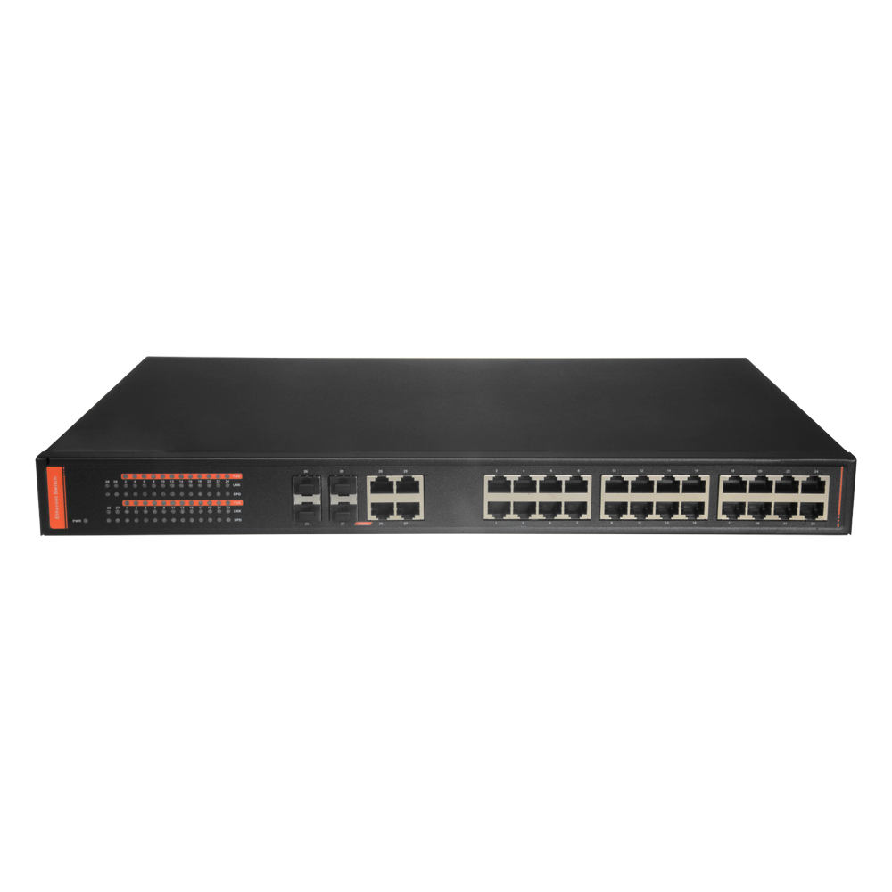 Switch PoE Gigabit - 24 Puertos PoE + 4 Puertos combi (SFP+RJ45) - Velocidad 10/100/1000 Mbps - Potencia 30 W por puerto - Potencia máxima total 350 W - IEEE802.3at (PoE) / af (PoE+) estándar