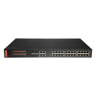 Switch PoE Gigabit - 24 Porte PoE + 4 Porte combi (SFP+RJ45) - Velocità 10/100/1000 Mbps - Potenza 30 W per porta - Potenza massima totale 350 W - Norma IEEE802.3at (PoE) / af (PoE+)