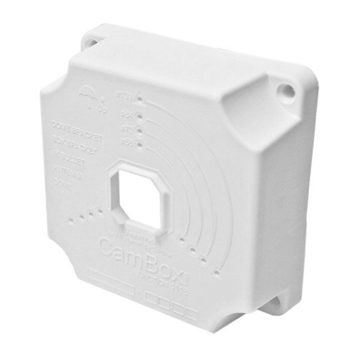 Junction box for dome and bullet cameras - For outdoor use - Roof or wall installation - Complete seal with CamBox covers - White color - Made of plastic