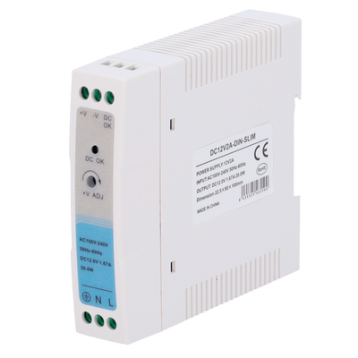 Power supply - DC 12 V 1.67 A / 20 W output - Input voltage 100-240VAC 50/60Hz - 23 x 100 x 92 mm - DIN rail mounting - Protection: Overload/Overvoltage/Short circuit