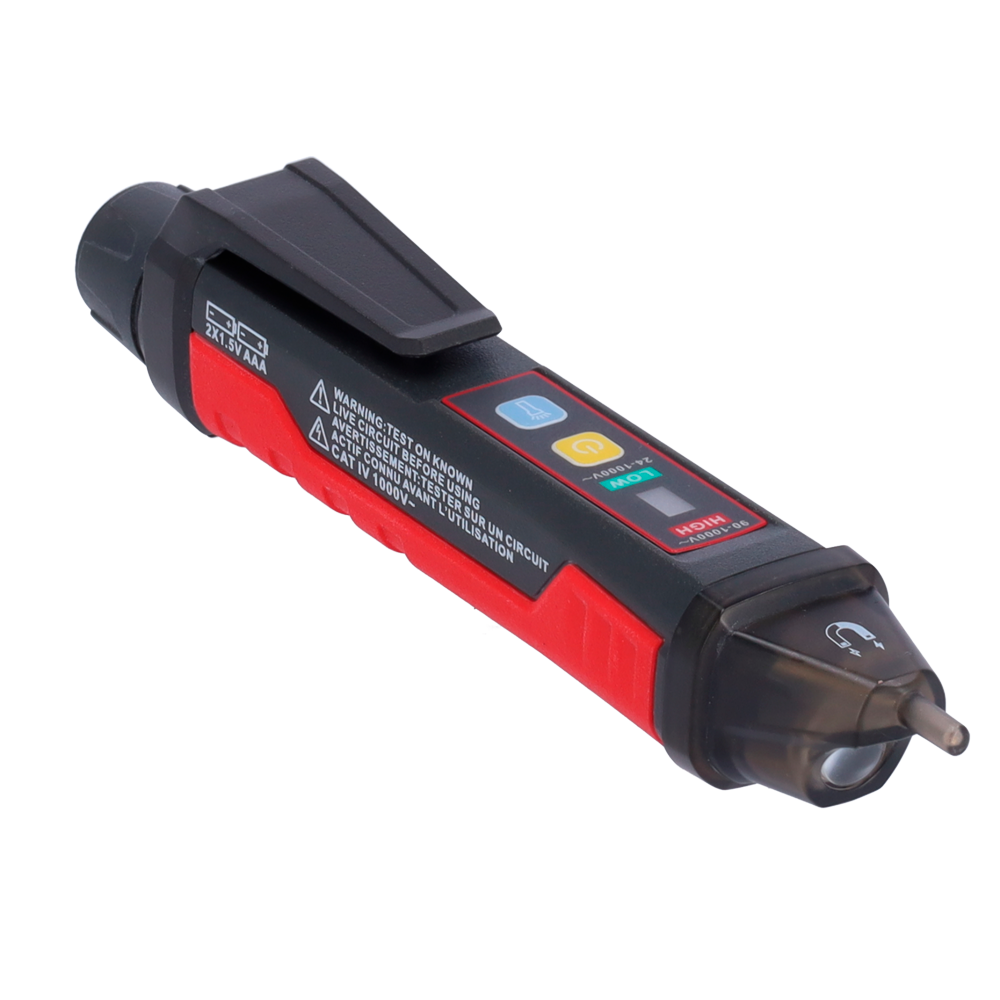 Non-contact AC voltage detector - High and low voltage modes up to 1000 V - Audible warning and visible LED - Automatic shut-off - Low power indicator - Optical magnetic field warning