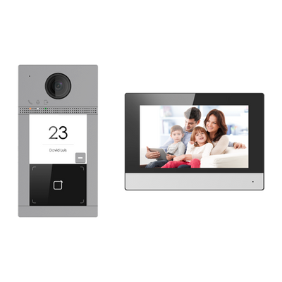 Video intercom kit with two relays - IP and WiFi technology - Includes plate, monitor and PoE switch - MF reader | Standard PoE - Cellular App with P2P - Surface Mount IP65, IK08