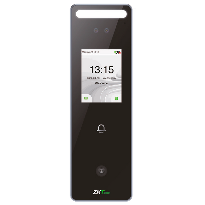 Controllo accessi e presenze - Riconoscimento Facciale, scheda EM, QR e PIN - 3.000 codici QR | 200.000 registri - Display 2.4" TFT tattile | TCP/IP e WiFi - Adatto per esterni IP65 - Compatibile con i software ZKTeco