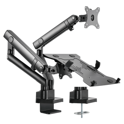 Support for laptop and monitor/TV - Table installation - Tilt, Rotate Monitor, Rotate Bracket between -90º ~ +90º - Compatible with VESA 75×75, 100x100mm - Load resistance 8 Kg - Screens 17"~32"