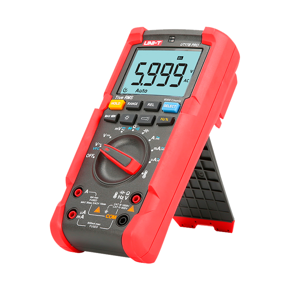 Multímetro digital - Pantalla LCD de hasta 6000 cuentas - Medición de tensión CC y CA hasta 1000V - Medición de intensidad CC y CA hasta 10A - Alta precisión CA con función True RMS - Medición de resistencia, capacitancia y frecuencia - Medición