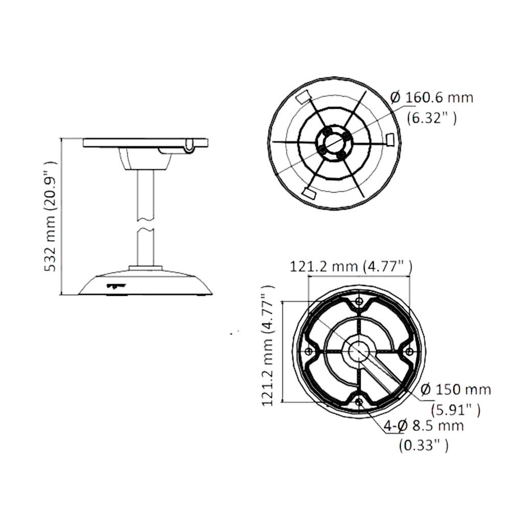Soporte de techo - Alto 532 mm - Apto para exterior - Color blanco - Fabricado en aluminio - Entrada de cables