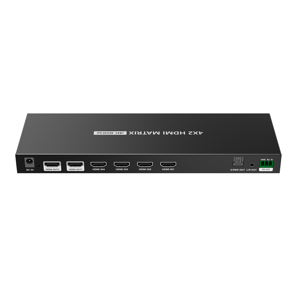 Matriz de video HDMI - 4 entradas HDMI - 2 salidas HDMI - Hasta 4K (entrada y salida) - Permite control remoto - Alimentación DC 12 V